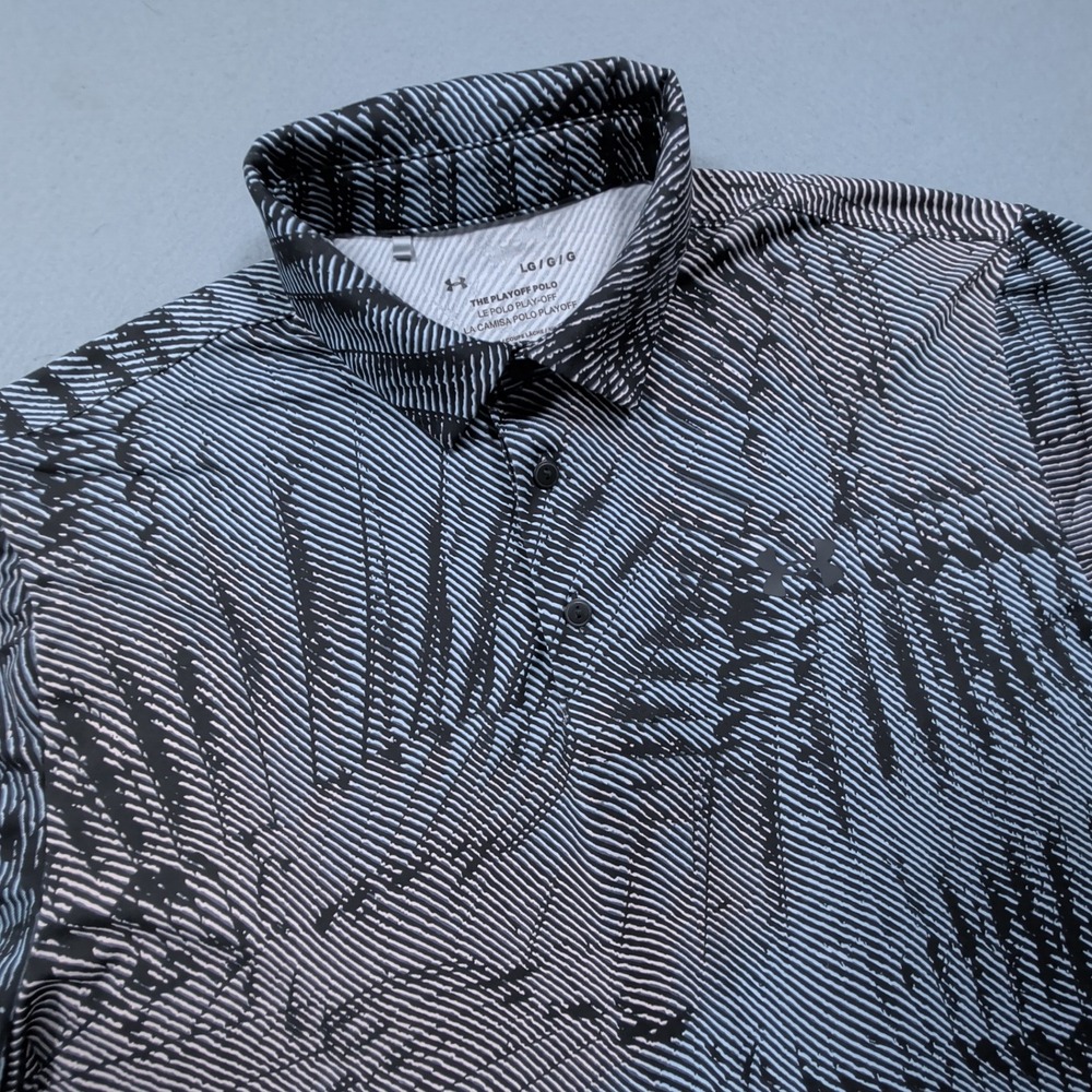 Under Armour Playoff Polo Mens Large Black White Abstract Palm Leaf Print Golf